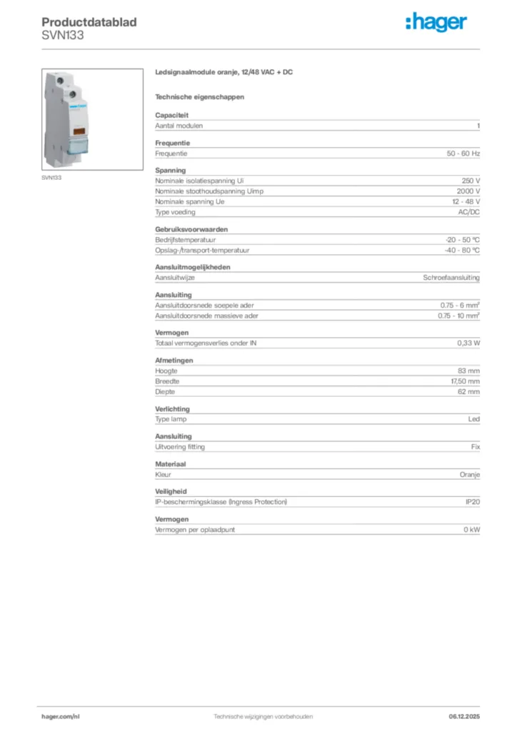 Afbeelding Hager Productdatablad SVN133 | Hager Nederland
