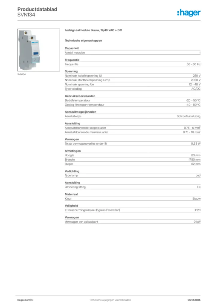 Afbeelding Hager Productdatablad SVN134 | Hager Nederland