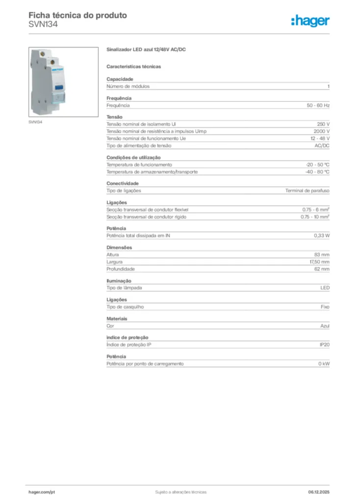Imagem Hager Ficha técnica do produto SVN134 | Hager Portugal