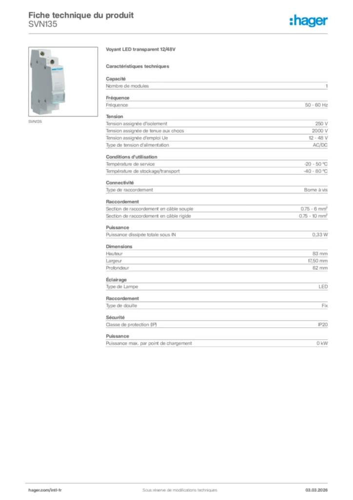 Image Hager Fiche technique du produit SVN135 | Hager Afrique