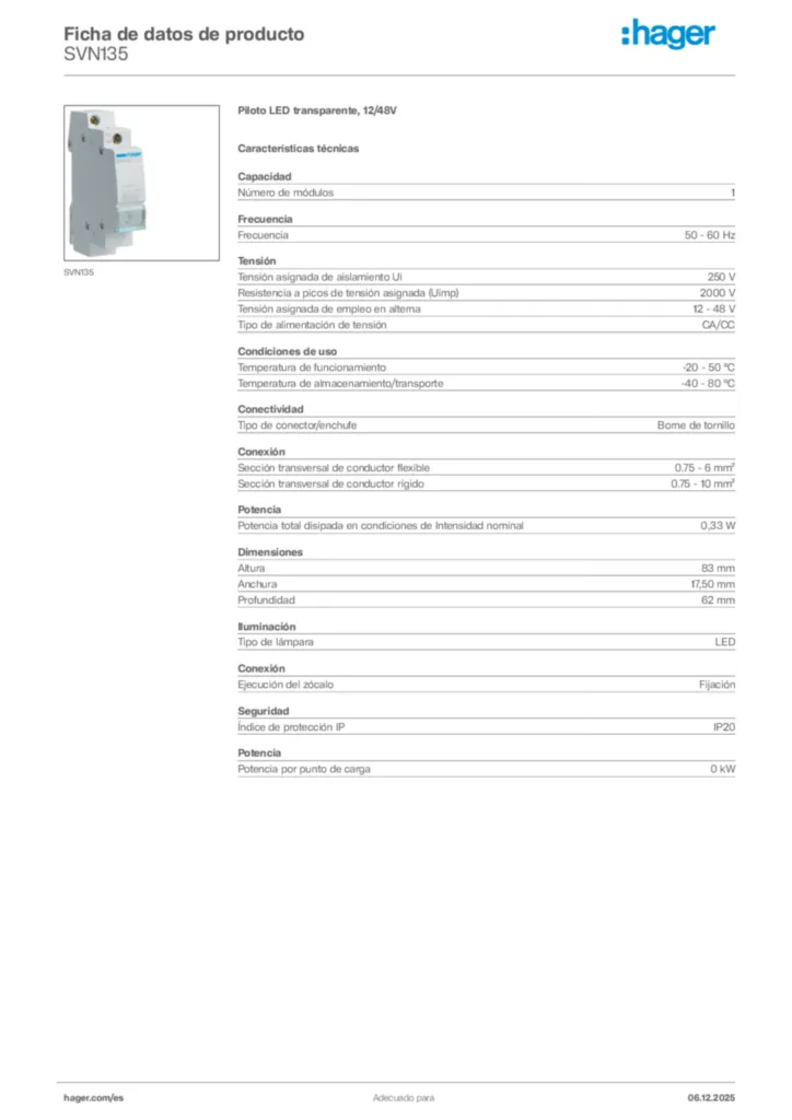 Imagen Hager Ficha de datos de producto SVN135 | Hager España