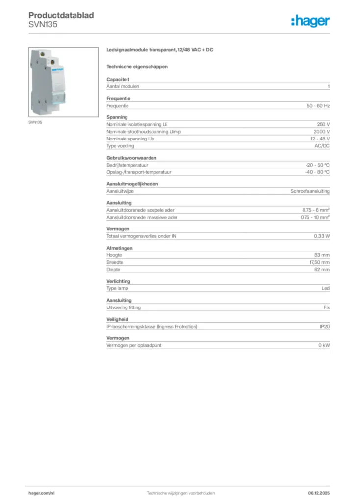 Afbeelding Hager Productdatablad SVN135 | Hager Nederland