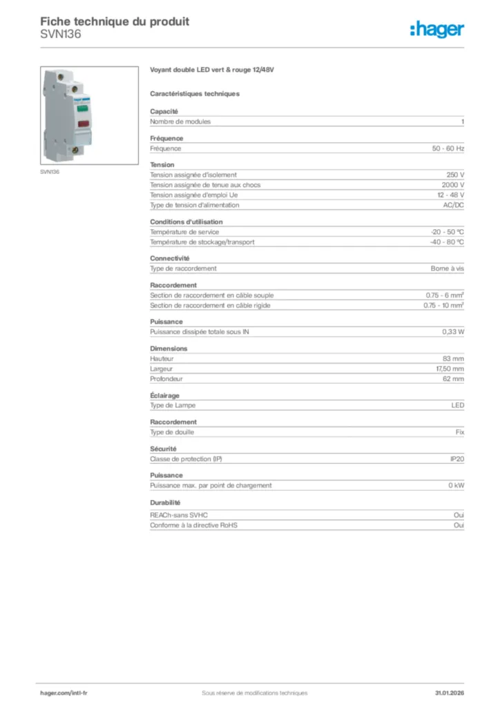 Image Hager Fiche technique du produit SVN136 | Hager Afrique