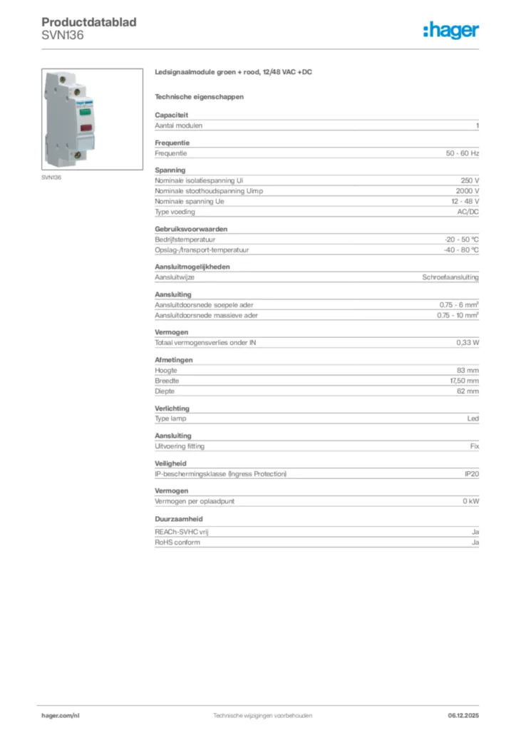 Afbeelding Hager Productdatablad SVN136 | Hager Nederland