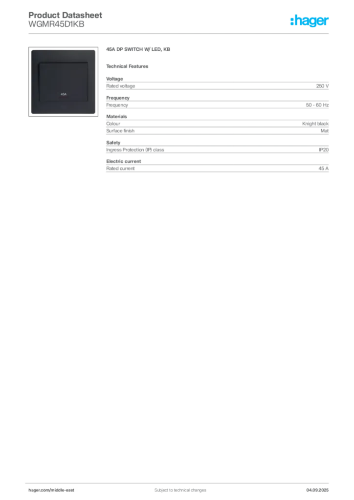 Image Hager Product data sheet WGMR45D1KB  | Hager