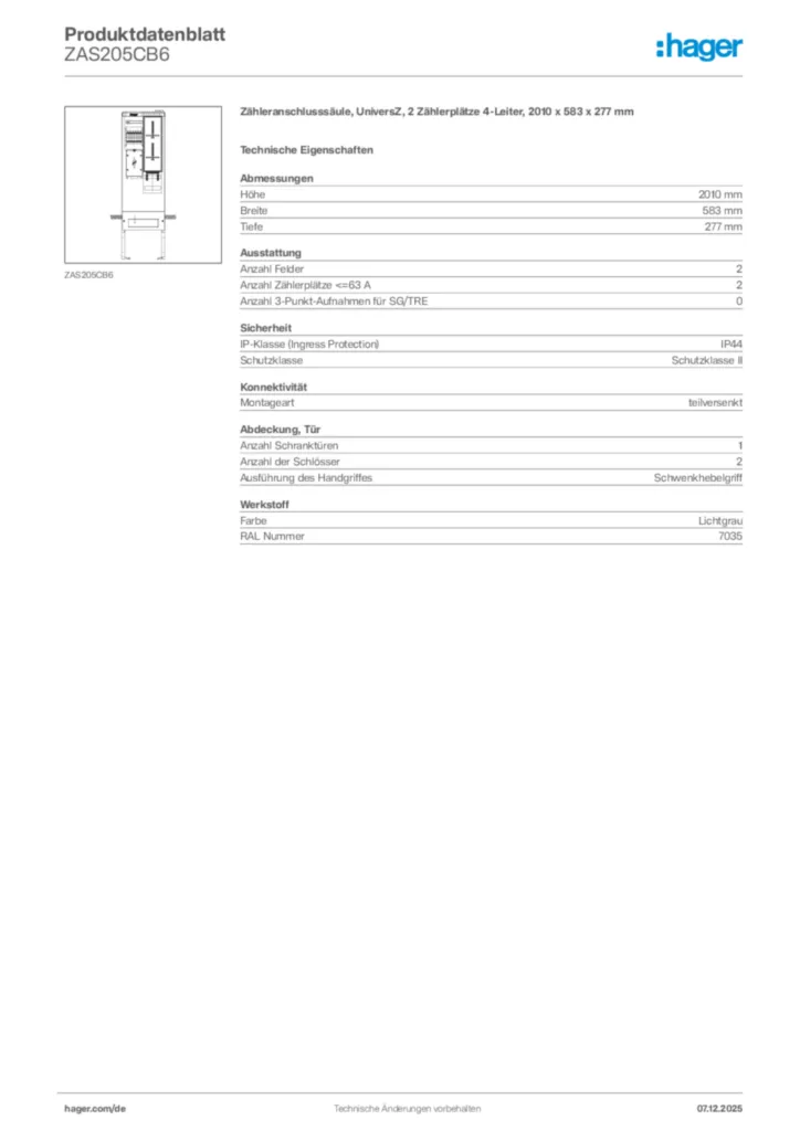 Bild Hager Produktdatenblatt ZAS205CB6 | Hager Deutschland
