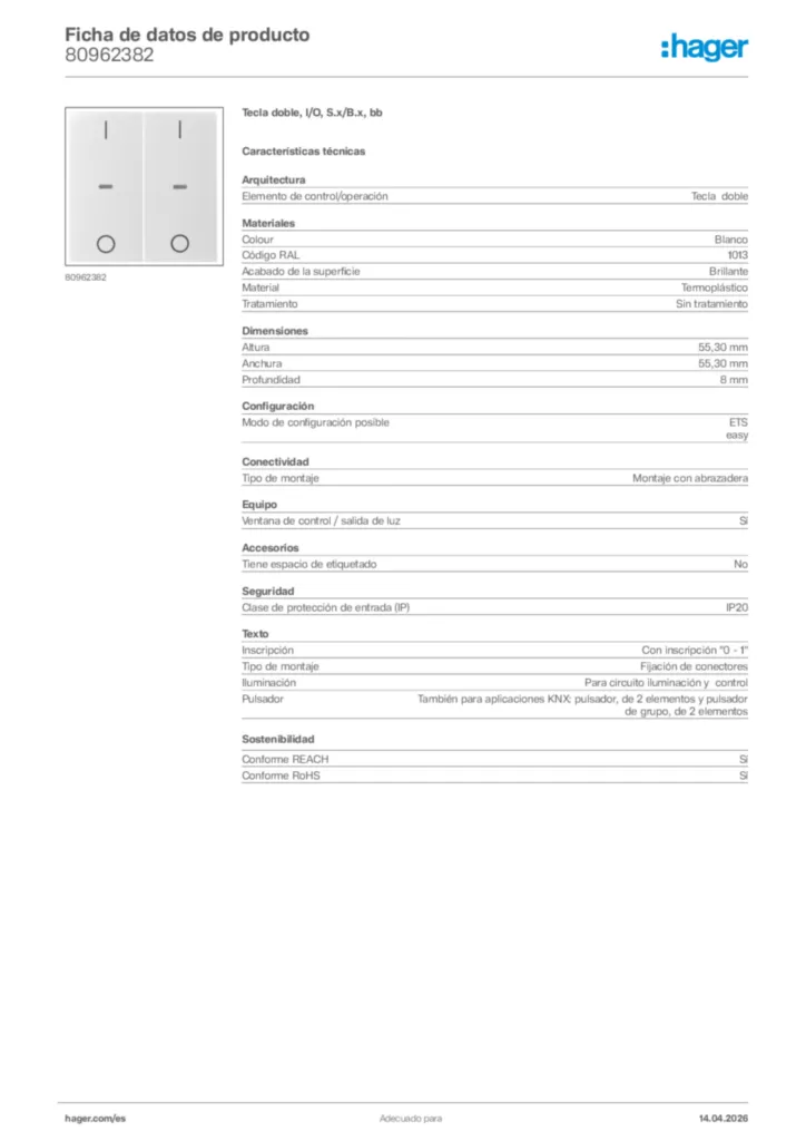 Imagen Hager Ficha de datos de producto 80962382 | Hager España