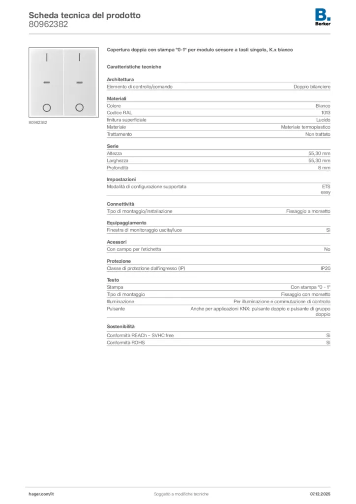 Immagine Berker Scheda tecnica del prodotto 80962382 | Hager Italia