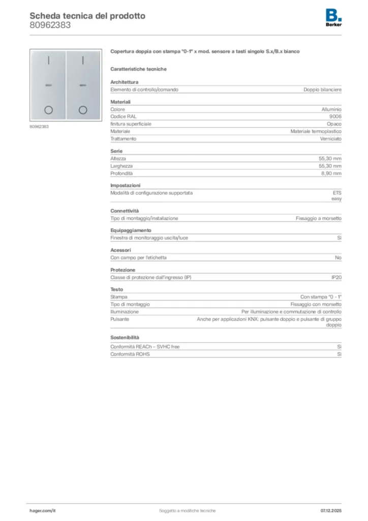 Immagine Berker Scheda tecnica del prodotto 80962383 | Hager Italia