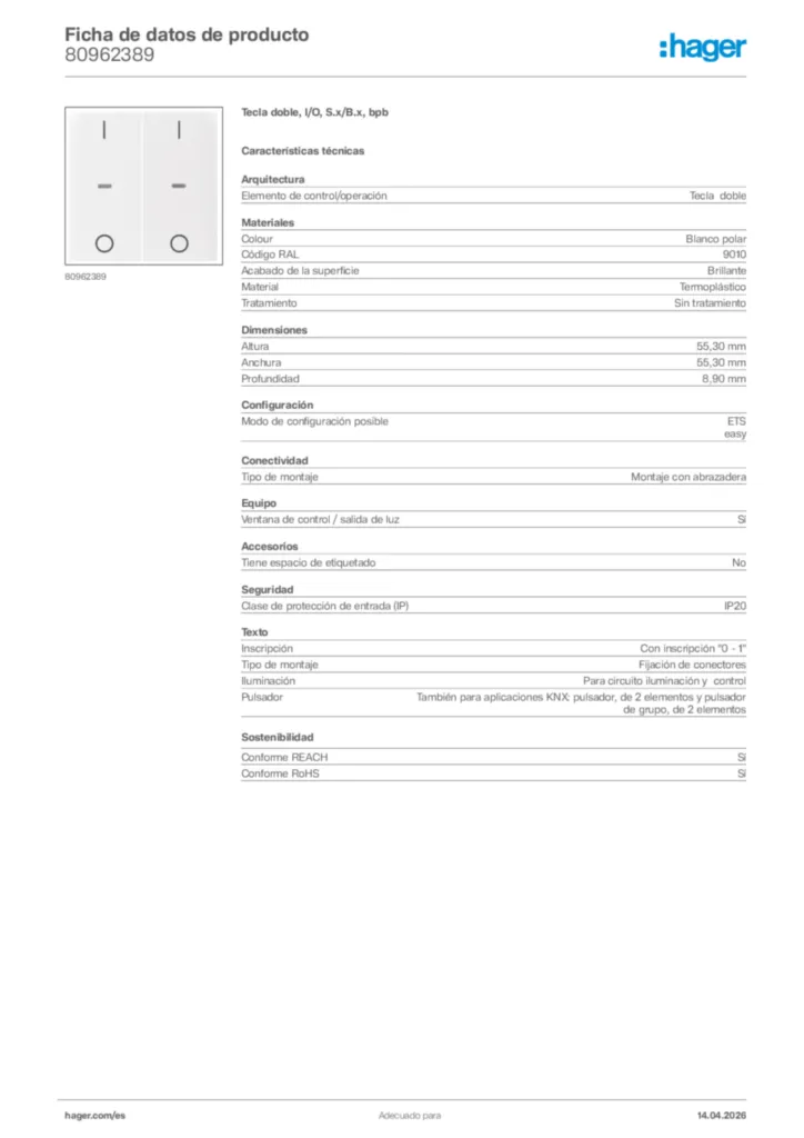 Imagen Hager Ficha de datos de producto 80962389 | Hager España