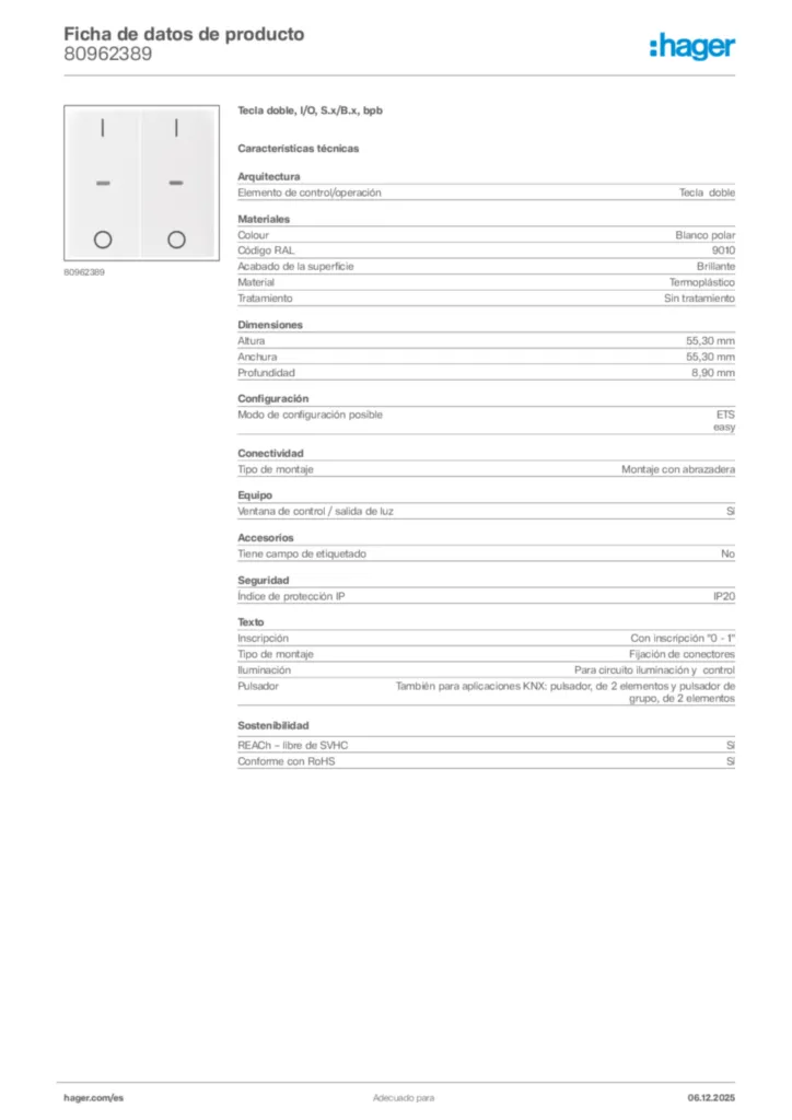Imagen Hager Ficha de datos de producto 80962389 | Hager España