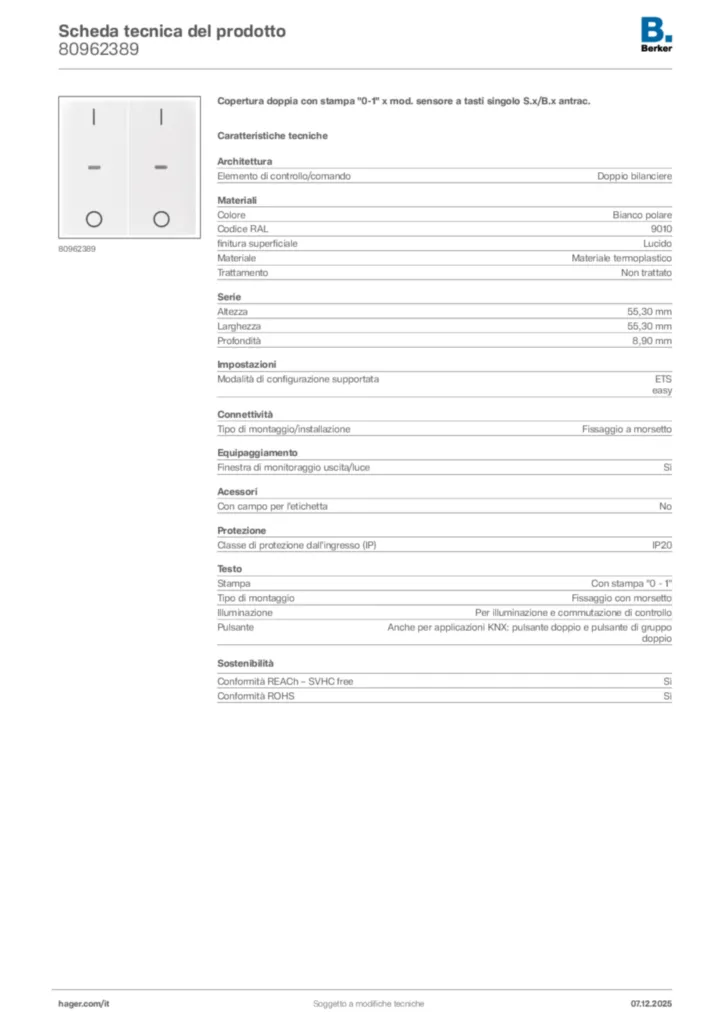 Immagine Berker Scheda tecnica del prodotto 80962389 | Hager Italia