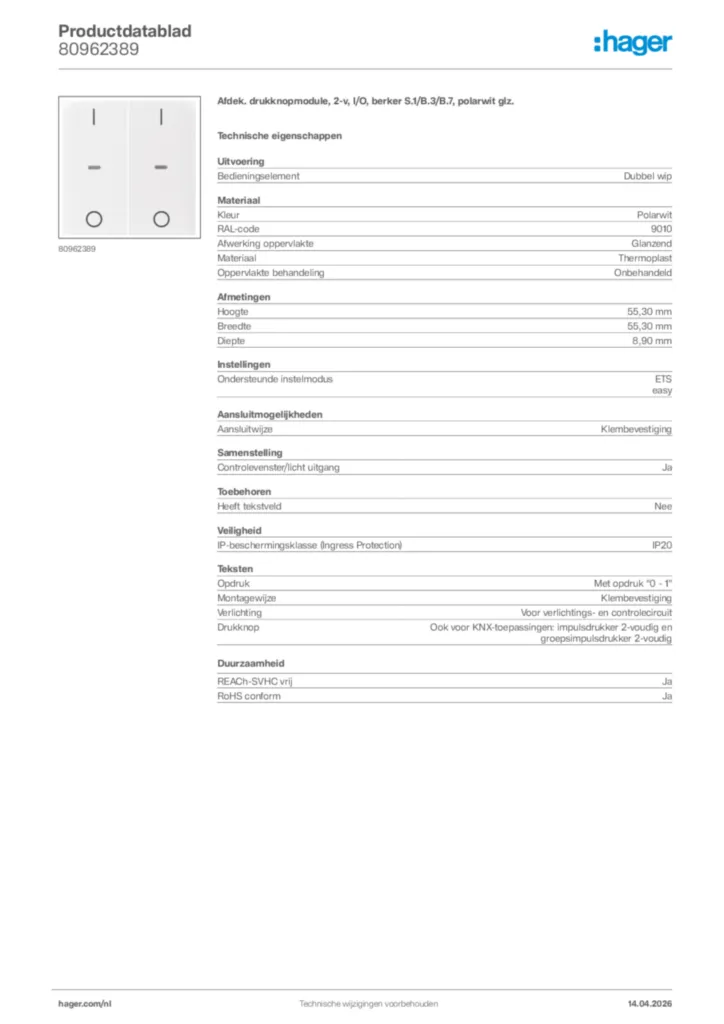 Afbeelding Hager Productdatablad 80962389 | Hager Nederland
