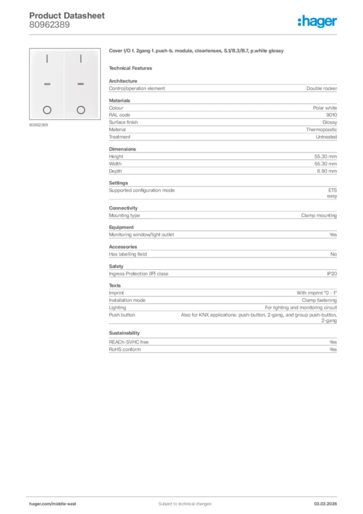 Image Hager Product data sheet 80962389  | Hager