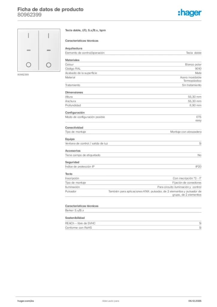 Imagen Hager Ficha de datos de producto 80962399 | Hager España