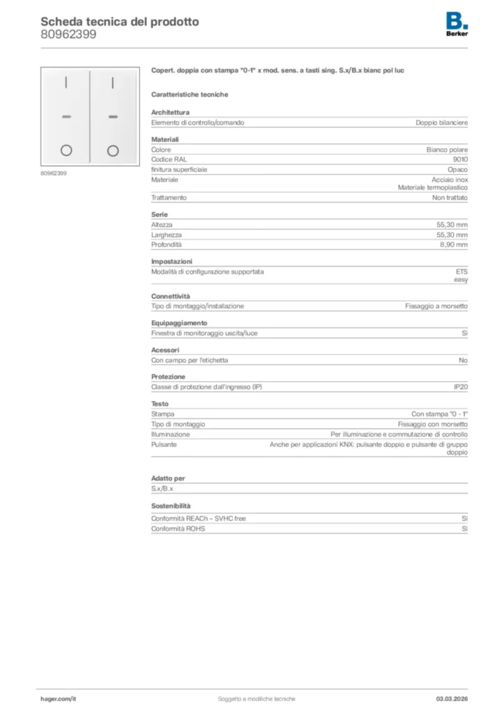 Immagine Berker Scheda tecnica del prodotto 80962399 | Hager Italia