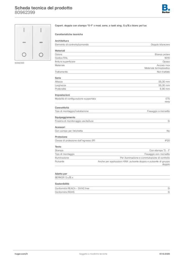 Immagine Berker Scheda tecnica del prodotto 80962399 | Hager Italia