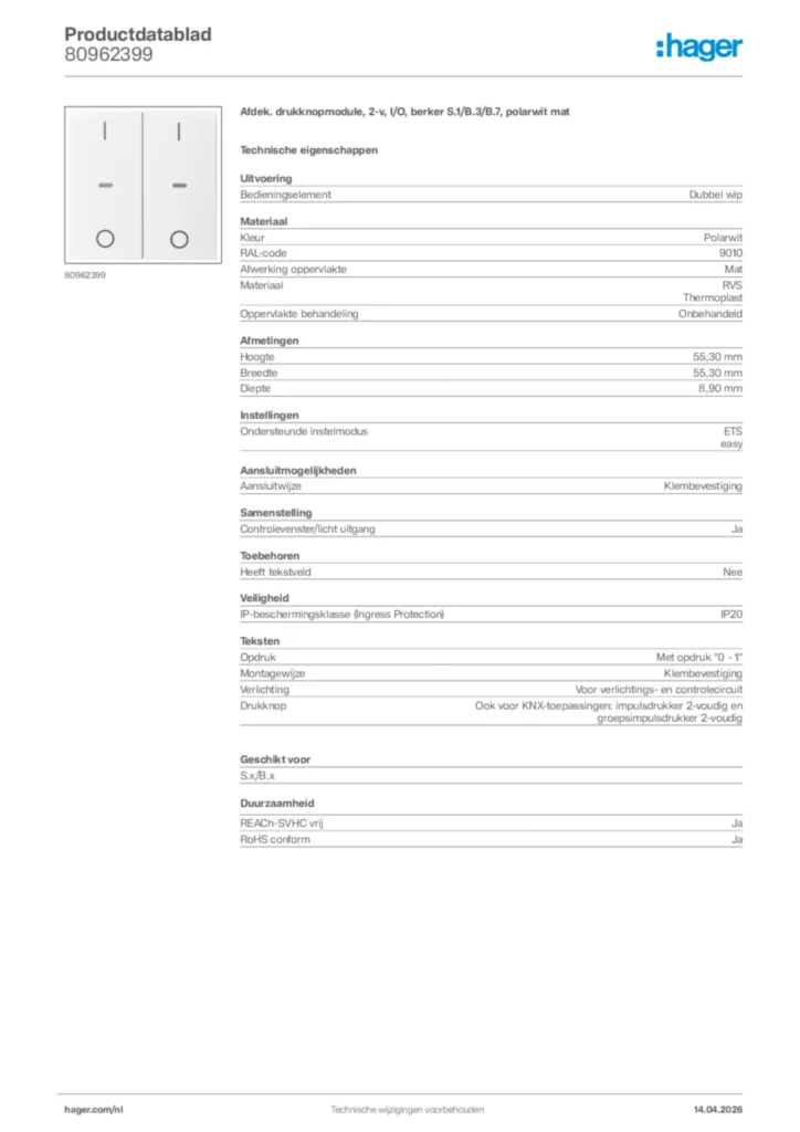 Afbeelding Hager Productdatablad 80962399 | Hager Nederland