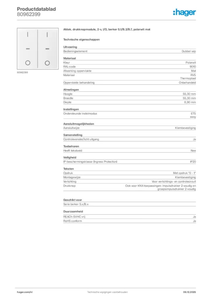 Afbeelding Hager Productdatablad 80962399 | Hager Nederland