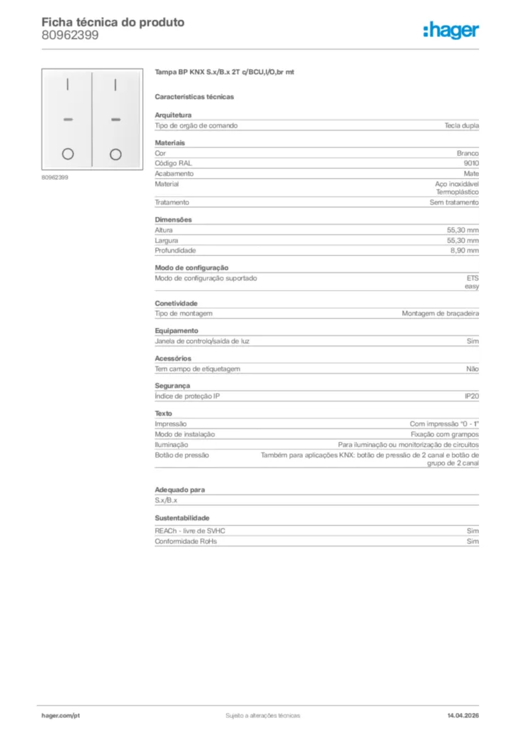 Imagem Hager Ficha técnica do produto 80962399 | Hager Portugal