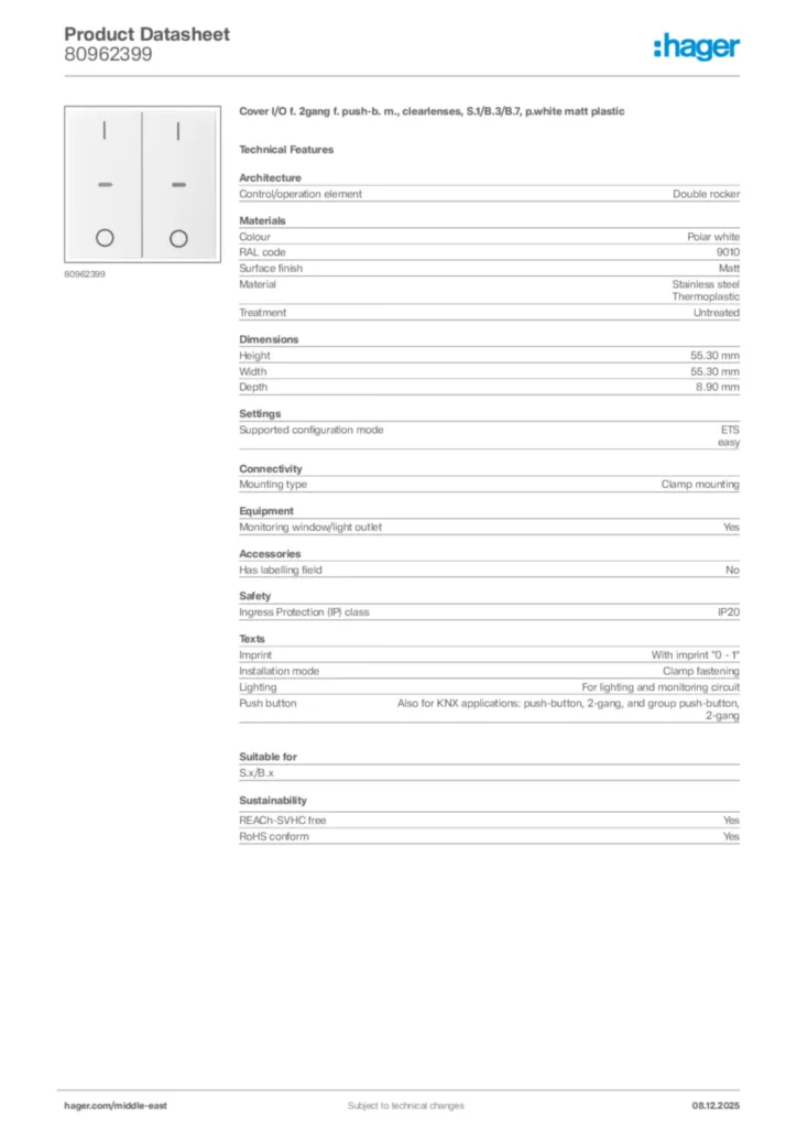 Image Hager Product data sheet 80962399  | Hager