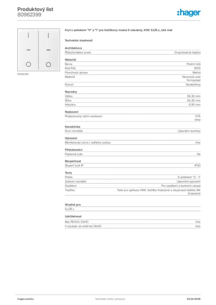 Obrázek Hager Product data sheet 80962399 | Hager