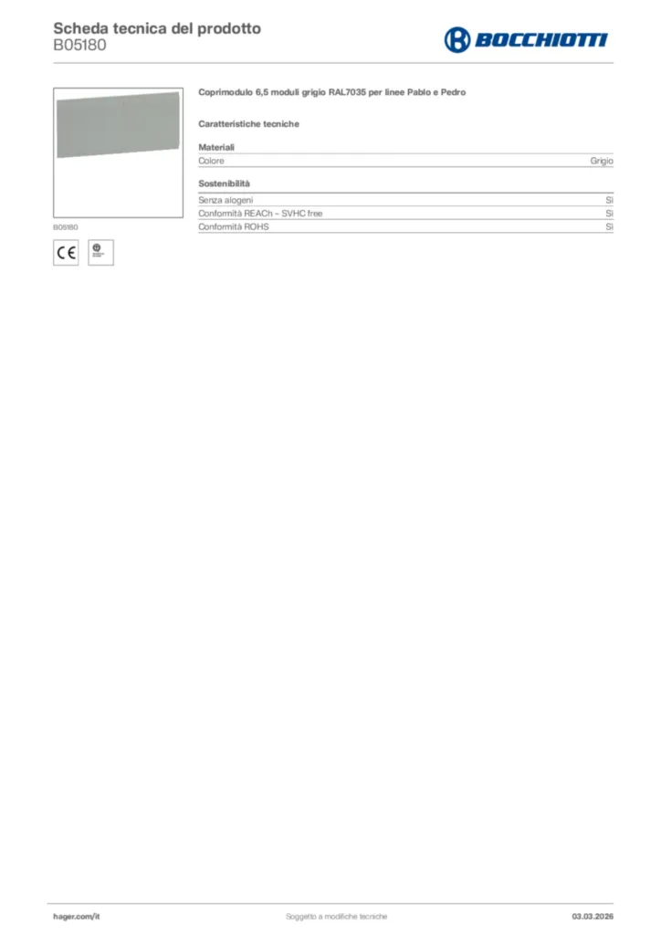 Immagine Bocchiotti Scheda tecnica del prodotto B05180 | Hager Italia