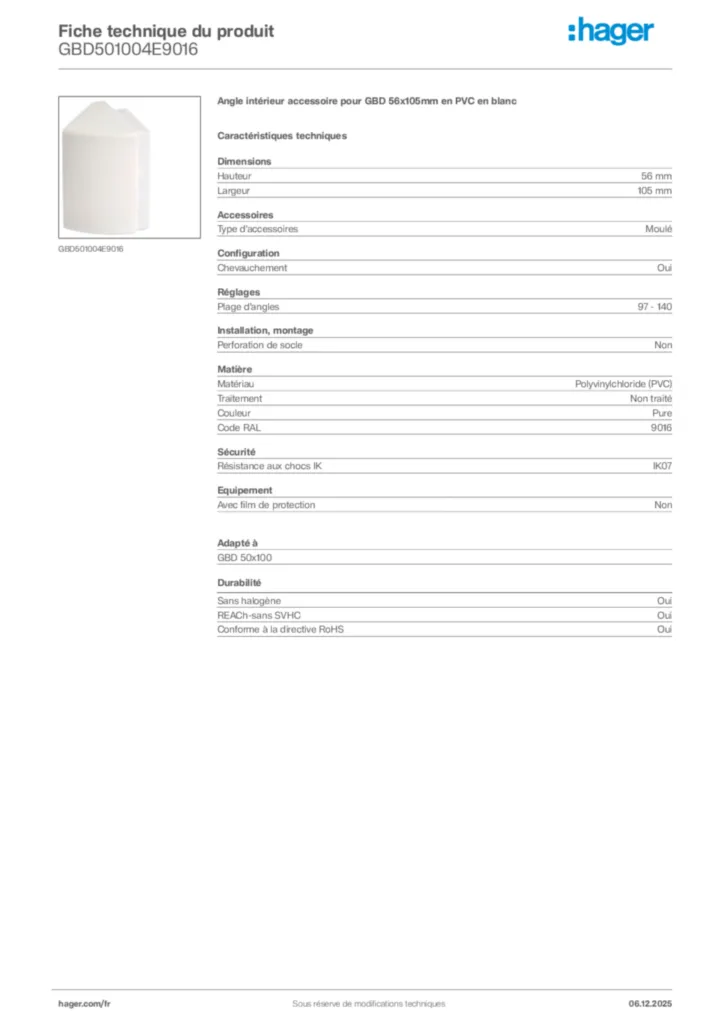 Image Hager Fiche technique du produit GBD501004E9016 | Hager France