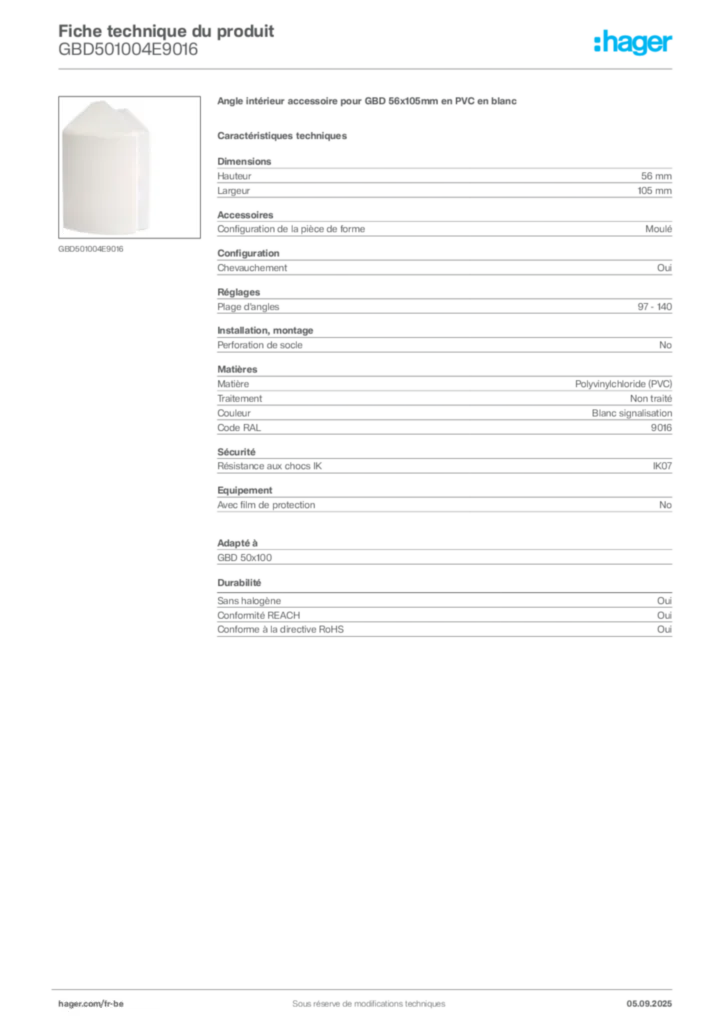 Image Hager Fiche technique du produit GBD501004E9016 | Hager Belgique