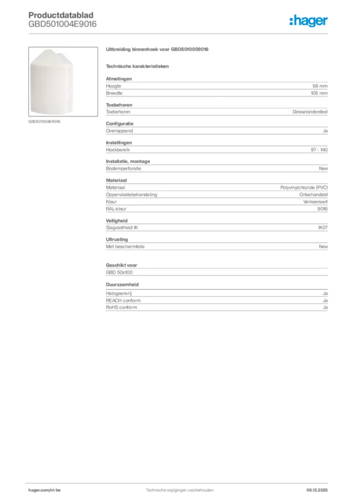 Afbeelding Hager Productdatablad GBD501004E9016 | Hager Belgium