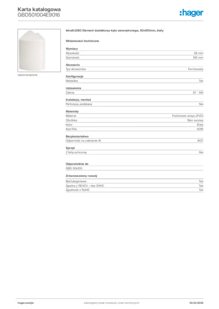 Zdjęcie Hager Karta katalogowa GBD501004E9016 | Hager Polska