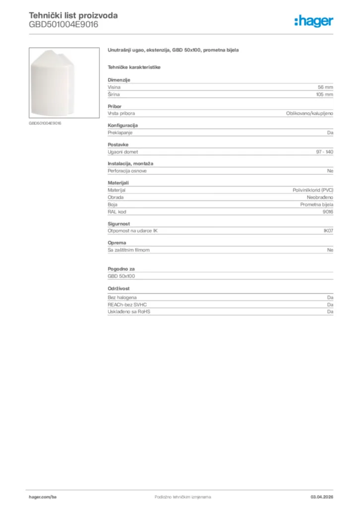 Slika Hager Tehnički list proizvoda GBD501004E9016  | Hager