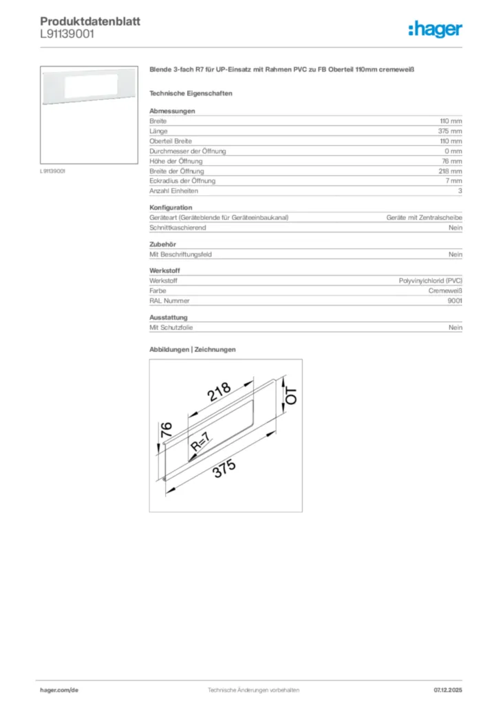 Bild Hager Produktdatenblatt L91139001 | Hager Deutschland
