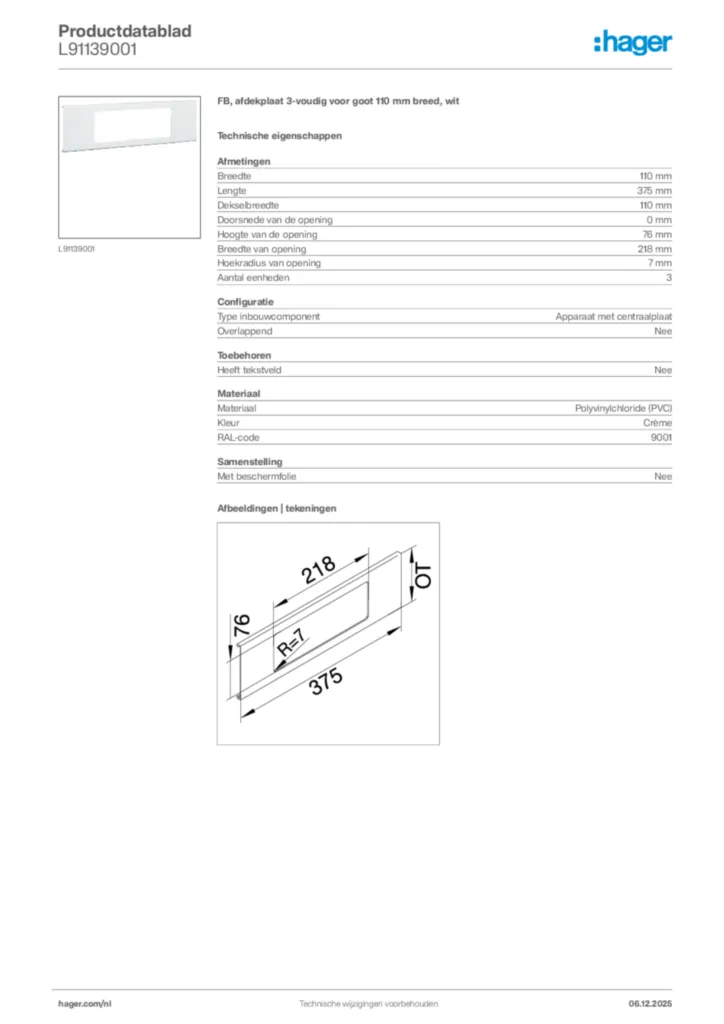 Afbeelding Hager Productdatablad L91139001 | Hager Nederland