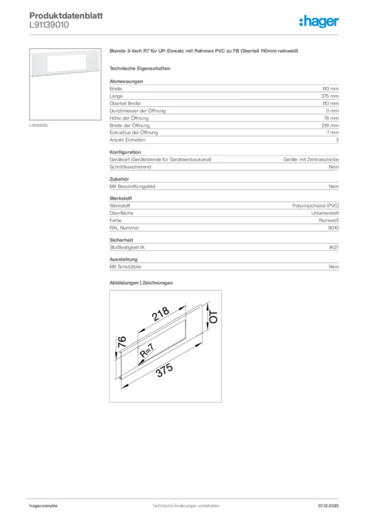 Bild Hager Produktdatenblatt L91139010 | Hager Deutschland