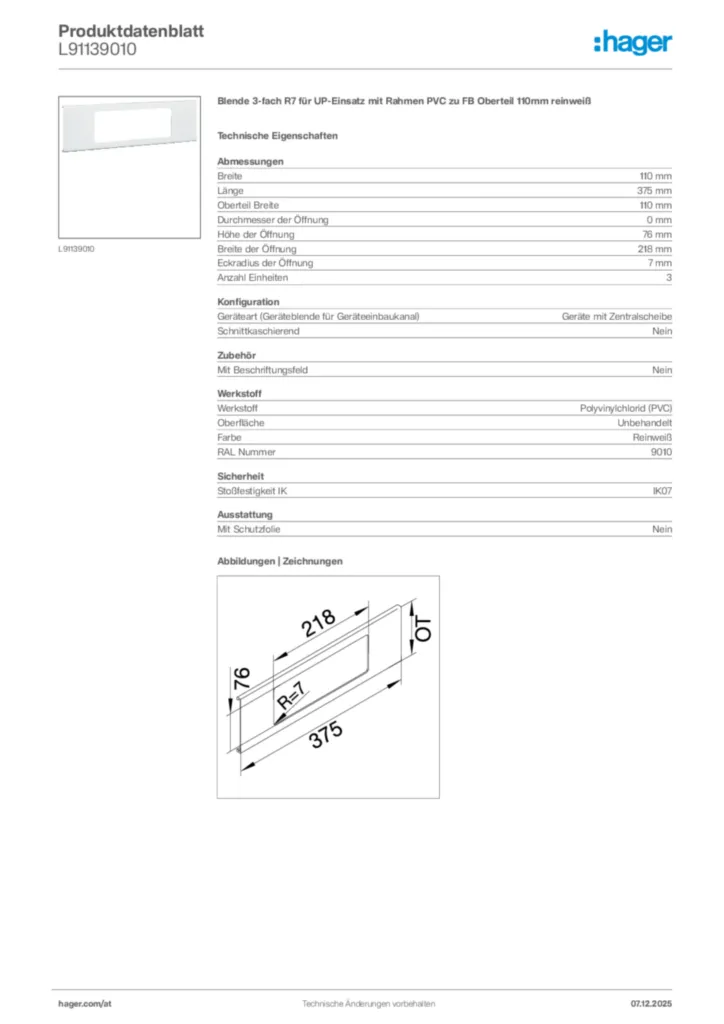 Bild Hager Produktdatenblatt L91139010 | Hager Deutschland