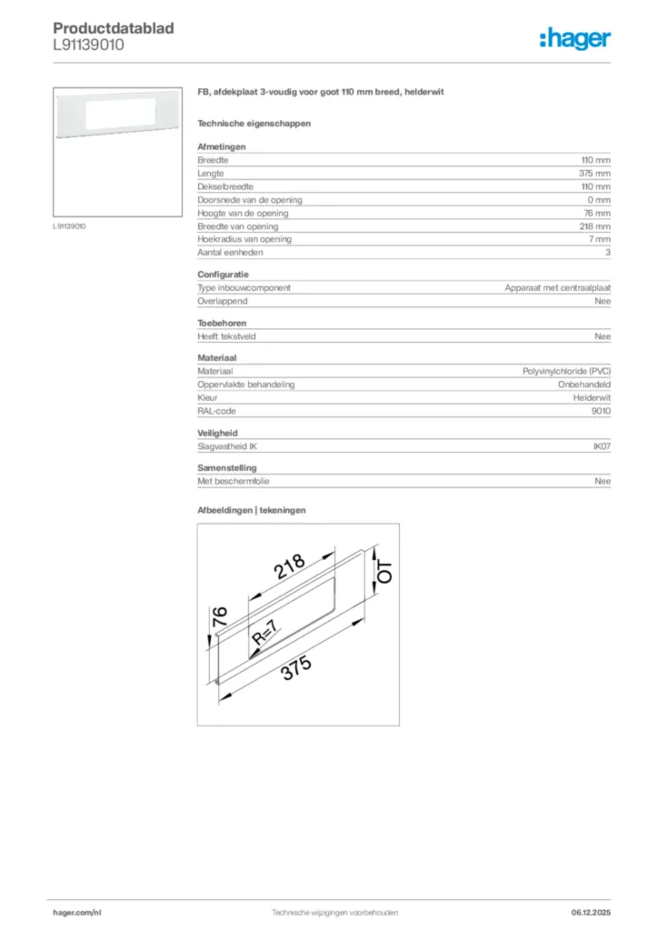 Afbeelding Hager Productdatablad L91139010 | Hager Nederland