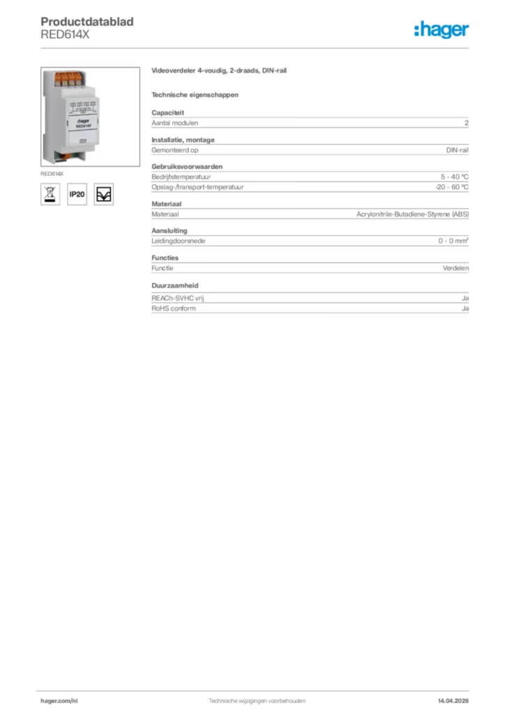 Afbeelding Hager Productdatablad RED614X | Hager Nederland