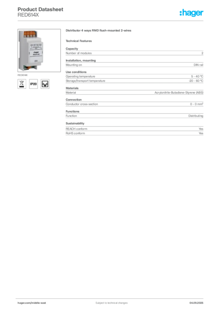 Image Hager Product data sheet RED614X  | Hager