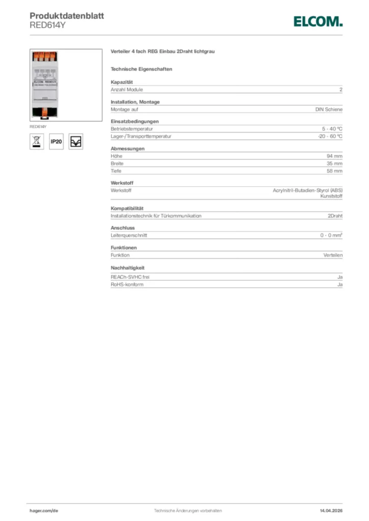 Bild Elcom Produktdatenblatt RED614Y | Hager Deutschland