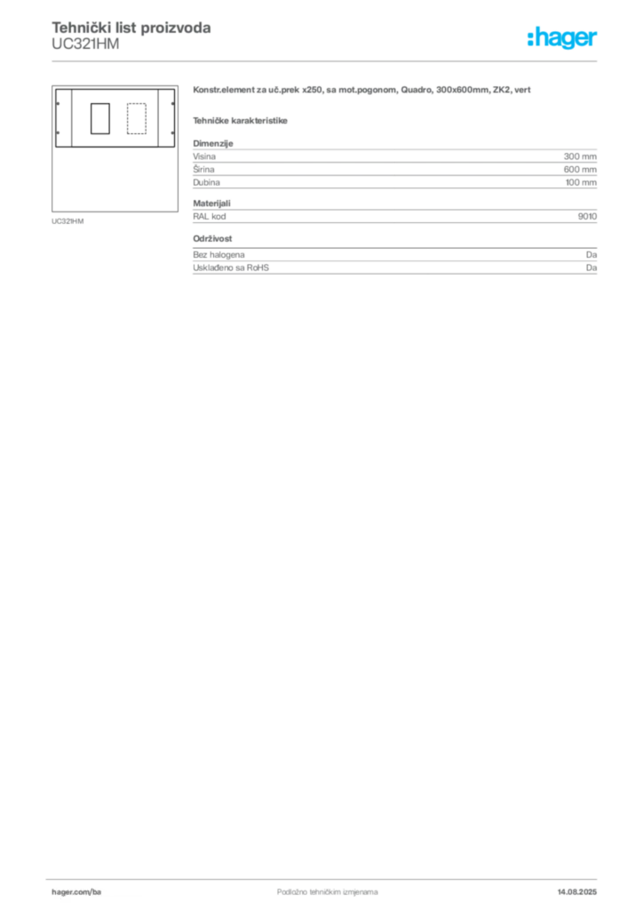 Slika Hager Product data sheet UC321HM  | Hager