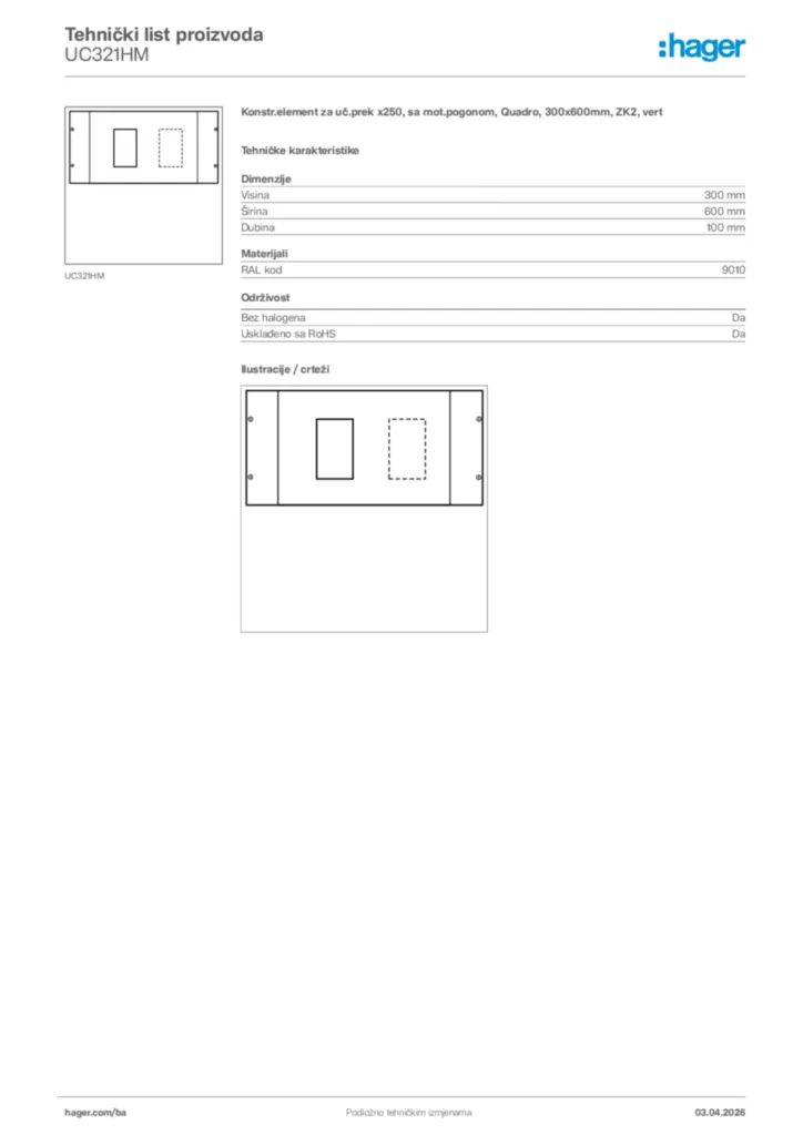 Slika Hager Tehnički list proizvoda UC321HM  | Hager