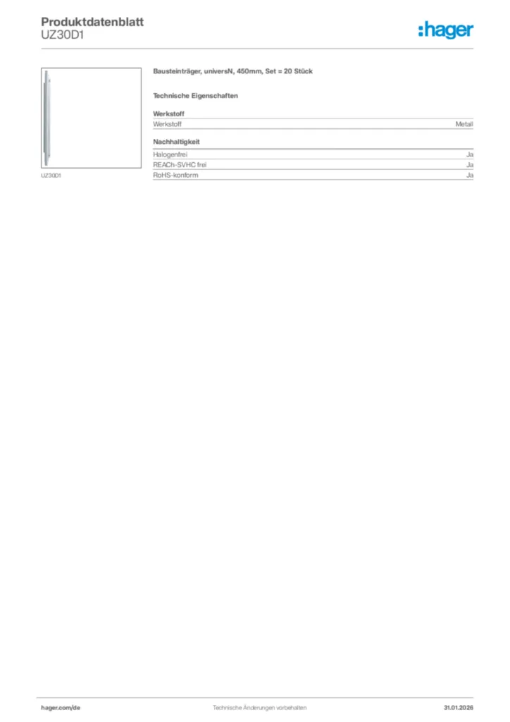 Hager Produktdatenblatt UZ30D1