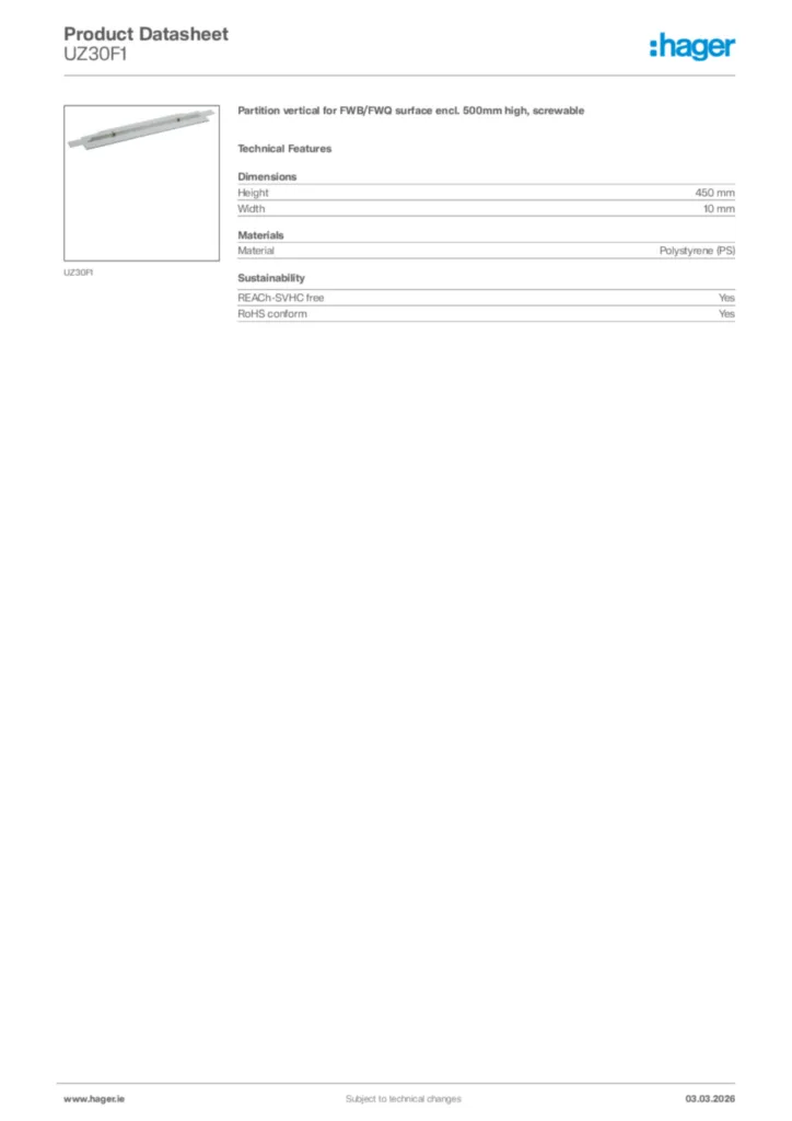Image Hager Product data sheet UZ30F1  | Hager