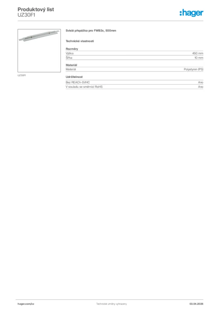 Obrázek Hager Product data sheet UZ30F1 | Hager