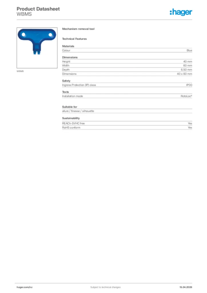 Image Hager Product data sheet WBMS  | Hager New Zealand
