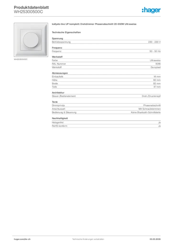 Bild Hager Produktdatenblatt WH25300500C | Hager Schweiz