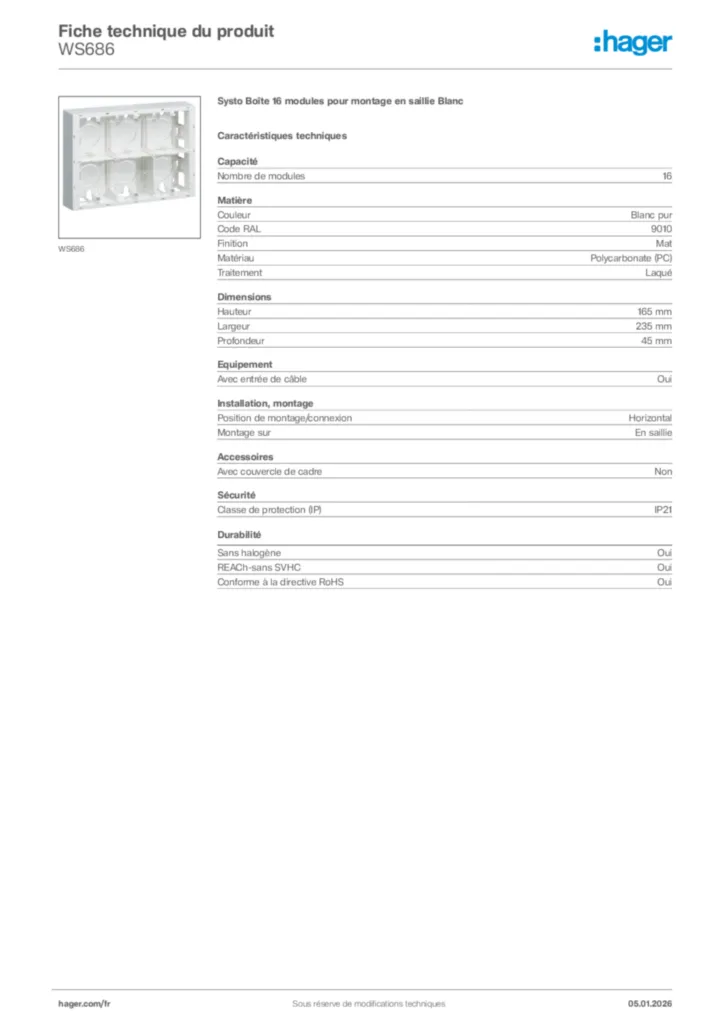 Image Hager Fiche technique du produit WS686 | Hager France