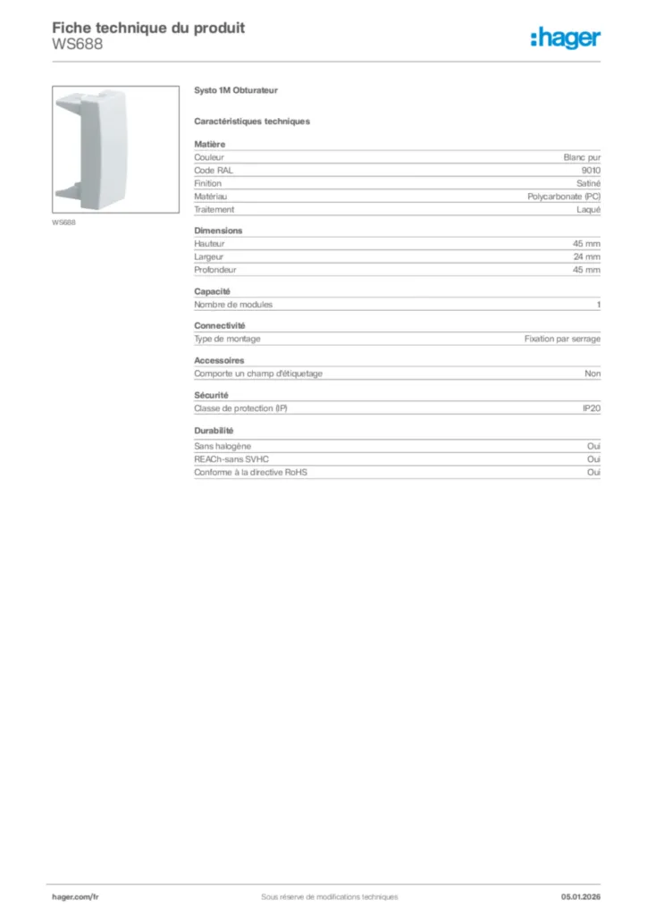 Image Hager Fiche technique du produit WS688 | Hager France