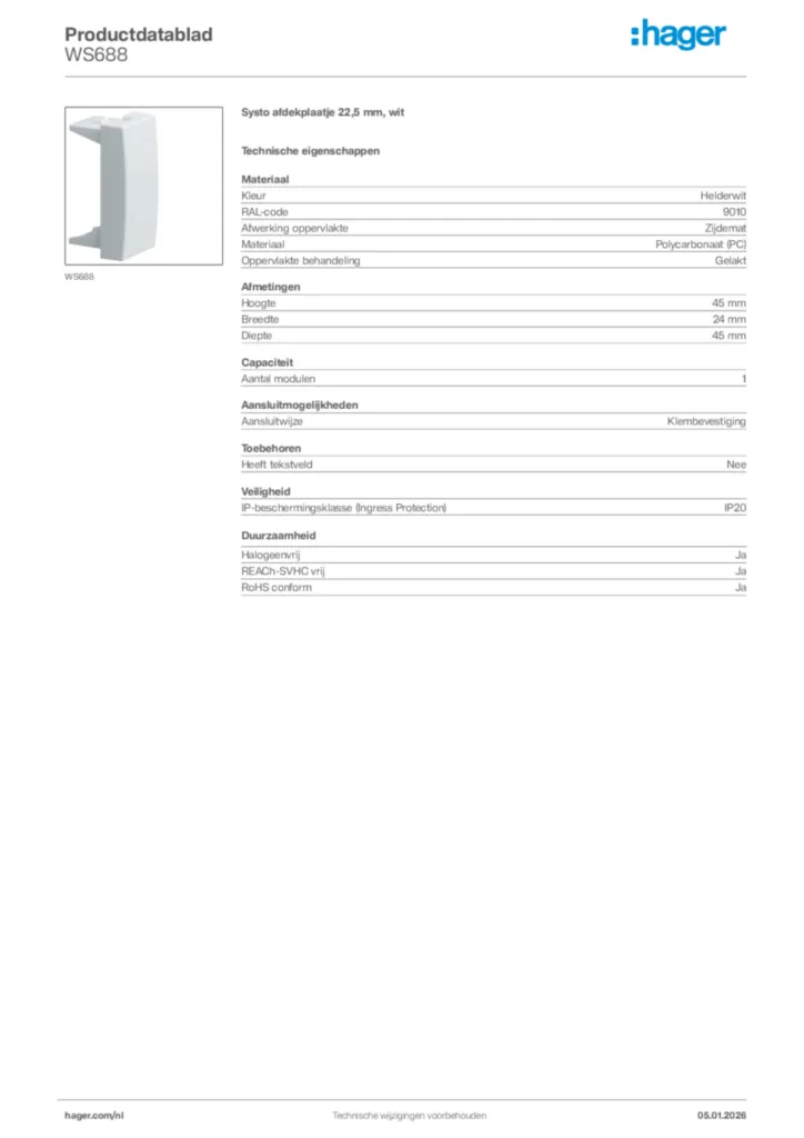 Afbeelding Hager Productdatablad WS688 | Hager Nederland